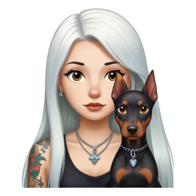 girl with long white  straight hair and tattoos and Doberman Pinscher sticker