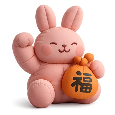 pink bunny holding lucky charm and pumping fist, cushion style sticker