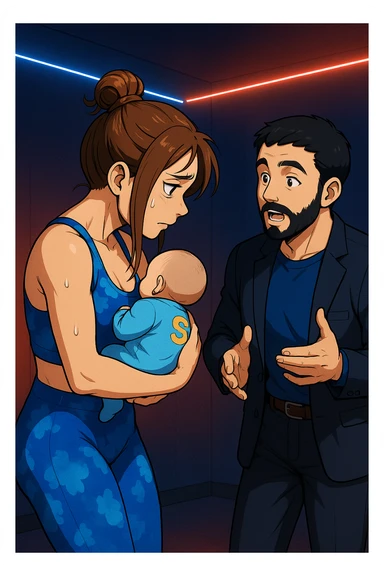 ispirati a questo stile di disegno e fai questa immagine in versione manga/webtoon a colori, il manga mostra la donna preoccupata di profilo con la postura sbagliata e incurvata, spalle chiuse e curve in avanti, con un neonato in braccio con una tutina azzurra e la scritta "S" sulla schiena, spina dorsale storta della donna in evidenza mentre ascolta l'uomo mentre l'uomo gli sta spiegando una cosa, ma non fare i fumetti, fai come se stessero parlando sticker