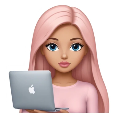 Glamours, tanned, very beautiful girl, with big pump peach-beige-rose lips, black straight smooth silky long hair, straight parting hair, blue-grey eyes, in light-pink bodysuit holding MacBook sticker