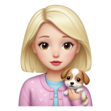 “Emoji girl, dewy skin, flushed blush across cheeks and nose, glossy cherry lips, soft puppy eyeliner, slightly teary sparkling eyes, wearing pastel cardigan.” sticker
