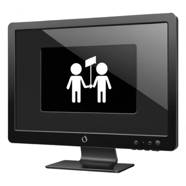 Minimalistic flat vector icon, iOS style, thin black contour on white background. Computer monitor showing a simple stickman character inside a game world. Clean, no text, no shadows sticker