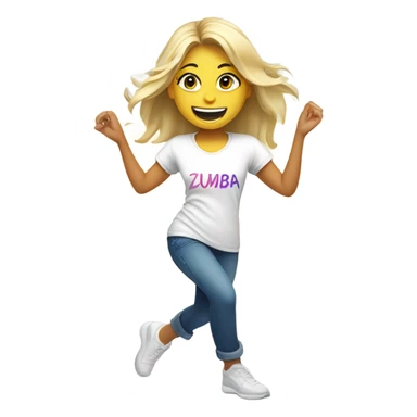 Blond smiling and dancing girl with Zumba logo on white t-shirt sticker
