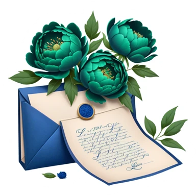 A charming arrangement of deep green peonies placed beside an old blue love letter with an intricate navy blue wax seal. sticker