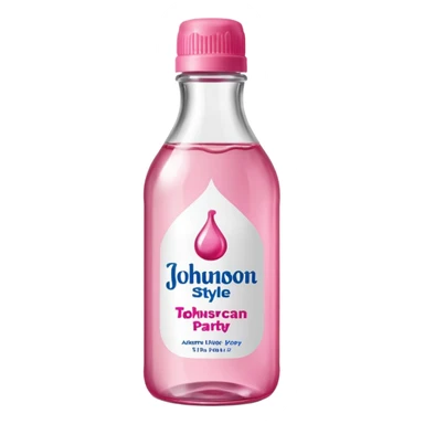 realistic Johnson and Johnson style bottle pink cap pink label clear bottle with berry party written on the logo with diddy logo bottle leaking oil from the top sticker