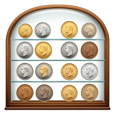 Icon for Coin Collecting: a collection of different vintage and modern coins of various forms, neatly arranged in a display case or on a table. The icon should highlight the diversity and historical value of coin collecting. Transparent background. sticker