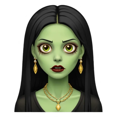 Faça uma zombie mulher bonita verde com olhos castanhos cabelos pretos partido ao meio liso, com estilo y2k e ouro sticker