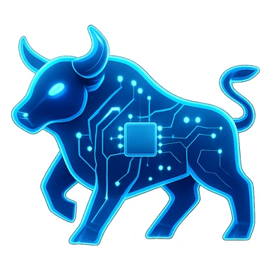 sleek futuristic bull icon, blue neon glow, modern tech style, transparent background sticker