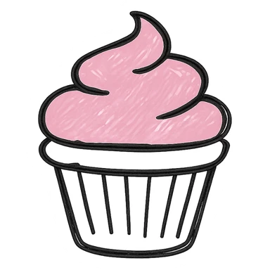 cupcake with pink icing, hand drawn outline style sticker