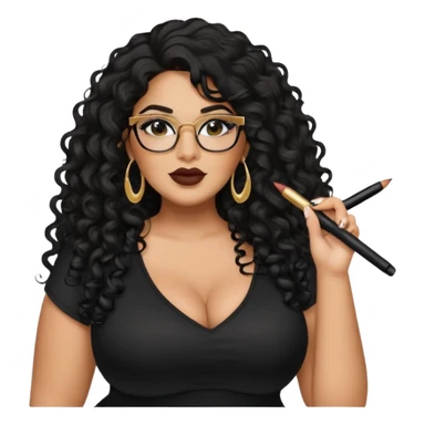big plus size, latina, darker tan skin, long black curly hair, baddie,pretty, makeup, lipliner, black eyeliner, long hair, gold earrings, black top, glasses sticker