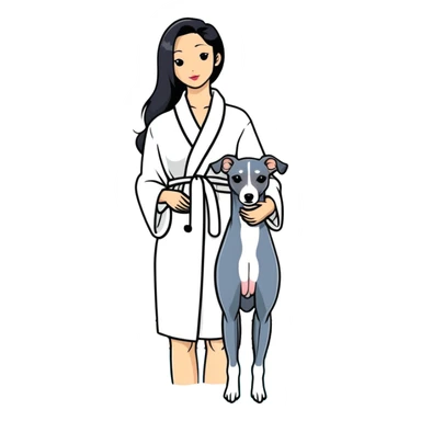 Very thin and slim Chinese woman with long black hair in elegant pool attire at a luxury spa pool with fancy amenities and her Italian greyhound that is COMPLETELY solid dark grey with ABSOLUTELY ZERO white markings anywhere - 100% uniform dark grey color only sticker