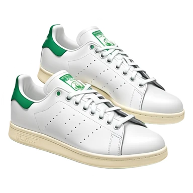Two Adidas Stan Smith shoes arranged as a pair with one slightly behind the other, white with green heel details, clean classic design sticker