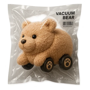adorable fluffy vacuum cleaner bear, tiny paw wheels, rolling, soft brown pastel, full-body sticker