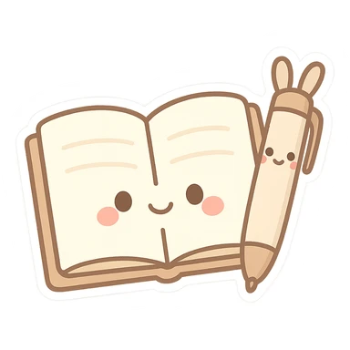 cute open notebook, simple pen with ears, chibi stickers style, cartoonish, transparent background sticker