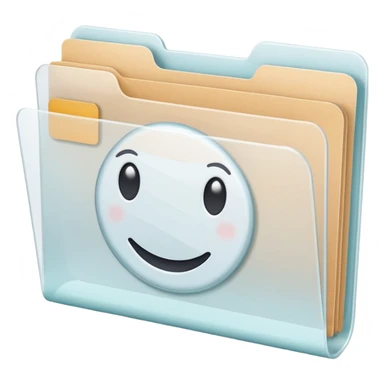 A simple emoji-style icon of a transparent white plastic folder, minimal and clean, with rounded corners, subtle translucency, soft shading, and a small self-care documents symbol on the front sticker