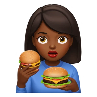 a girl with dark hair eating a burger, apple memoji style, surprised expression sticker