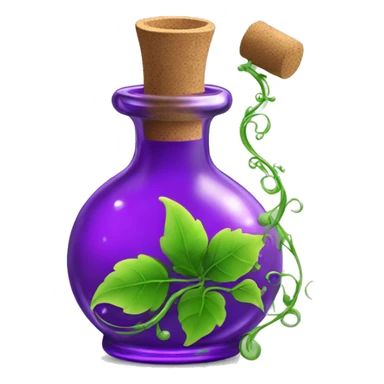 A glass potion bottle with a cork, filled with swirling purple liquid that has beautiful green vines wrapping around the bottle sticker