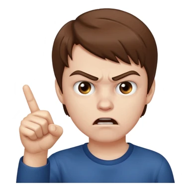 angry young boy pointing fingure at his own face sticker