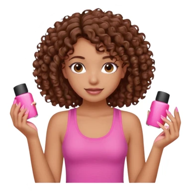 Uma menina com o cabelo cacheado é morena, e com uma regata rosa com unha em gel  sticker