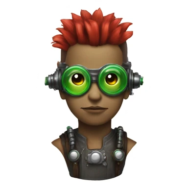 Male cyborg with thin red Mohawk and green steampunk goggles sticker
