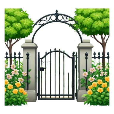 garden entrance with black iron fence, green trees and flowering plants sticker