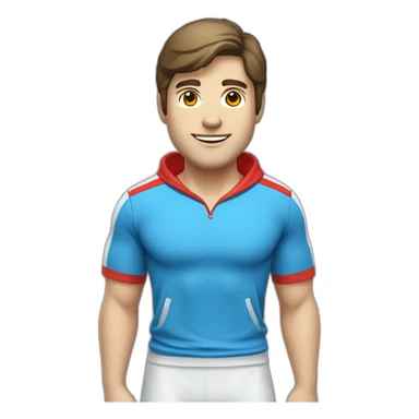 retro 70s blue and red gym clothes for a modern white brunette uni male student with glass sticker