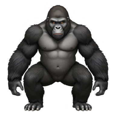 cinematic-friendly gorilla-realistic-full-body-crouched on all fours-emoji,-broad-and-powerful-frame-poised-with-confidence,-massive-arms-hanging-slightly-forward,-head-tilted-thoughtfully,-thick-black-fur,-deep-dark-eyes-full-of-intelligence,-simplified-yet-realistic sticker