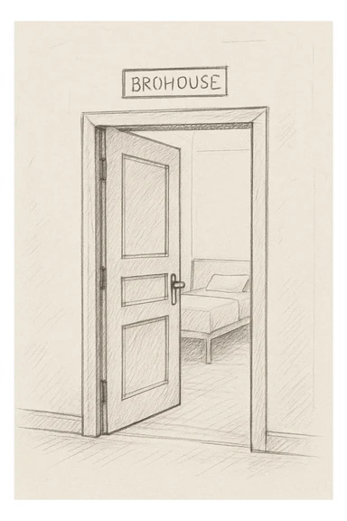 endi menga brohouse sartarish xonasini tashqaridan chizib ber eshigi ochiq bulsin faqat sticker