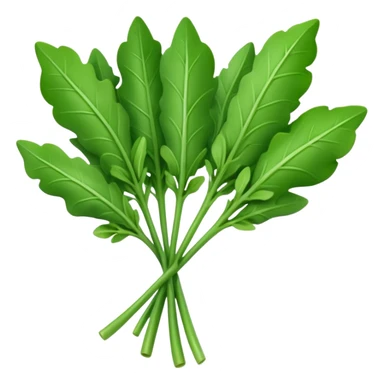 arugula leaves, small bunch, fresh, deep green, jagged elongated shapes, slender stems, slightly curled surface, loosely arranged, no bowl or plate, soft lighting, emoji scale sticker