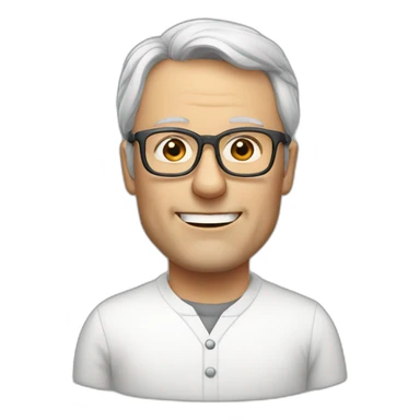 46-year-old white Dutch man with Grey glasses and a white blouse with small chairs on it sticker