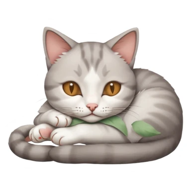 grey and white small cat with its eyes closed lying down with his head leaning on his paw sticker