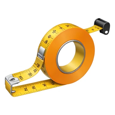 Flat vector illustration of a rolled measuring tape in yellow and orange color, simple bold outlines, minimal shading, emoji style, centered on white background. sticker