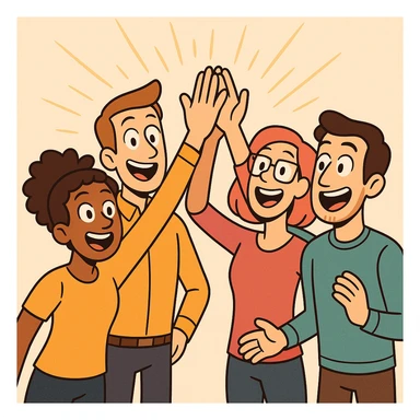 a group of people giving a high-five, radiating cheerful team energy, perfect for 'Good morning and happy Friday, team!' bright and colorful cartoon style sticker