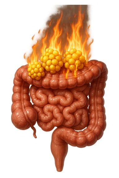 intestino umano con cellule gialle di grasso a grappoli attaccate sopra, con fiamma che brucia, iperrealistici 4k sticker