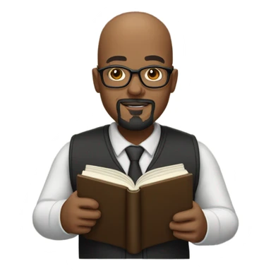 Bald head black professor with a goatee and glasses holding a book giving oratory. sticker