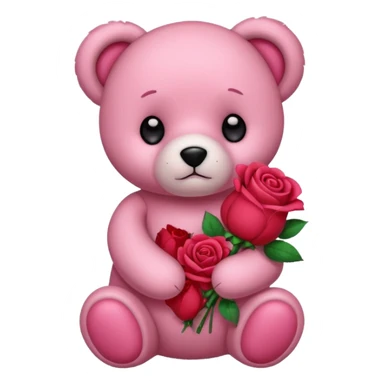Cute pink teddy bear with sad puppy dog eyes holding roses  sticker