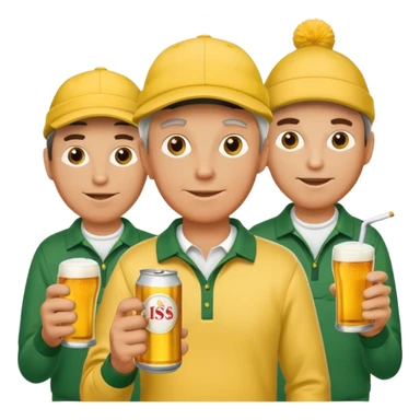 16 men on a golf trip wearing yellow golf caps all holding a beer can with a Xmas style label sticker