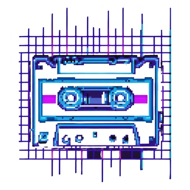 cassette tape with purple and blue neon colors and retro grid background sticker
