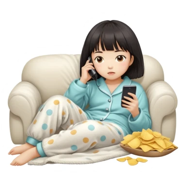 Cute East Asian girl, soft fair skin, straight bangs, messy inward bob. Wearing fluffy pajamas, lying on couch under blanket, holding chips and phone, expression blank and tired. sticker