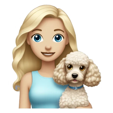Blonde girl with blue eyes holding poodle with brown and white hair sticker