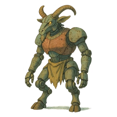 ghibli style mechanical goatman in a fantasy setting sticker