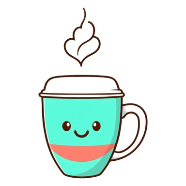 smiling hot coffee cup with heart-shaped steam, mocha brown tones, kawaii soft hand-drawn sticker