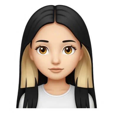 make a girl emoji with straight long black hair and blonde highlights and brown eyes with pretty eyelashes wearing a white top sticker