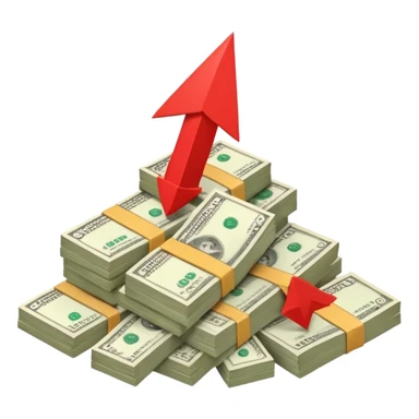 a pile of money with red arrow up sticker