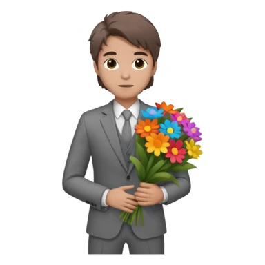 Chico blanco, traje gris , pelo castaño revuelto,cuerpo entero ramo de flores sticker