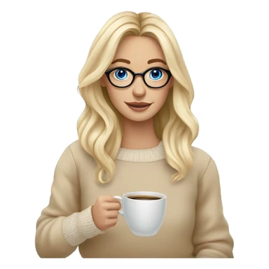 Blonde balayage long hair white women beige sweater blue eyes and small glasses holding coffee sticker