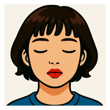 A young Asian woman with short, dark brown hair with bangs, neutral facial expression, closed eyes, vibrant red lips, light beige skin tone, close-up portrait, plain white background, cartoon-like and stylized, bright and saturated colors, even and flat lighting, neutral atmosphere, GPT image style. sticker
