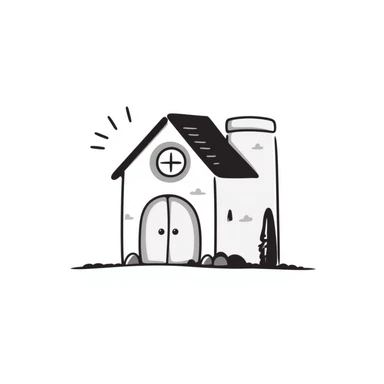 A cute small house/cottage with roof and windows in pastel colors (dd9fb0, ffc6d3, a3bfc9, c4bee2, f1b091), hand-drawn doodle style sticker