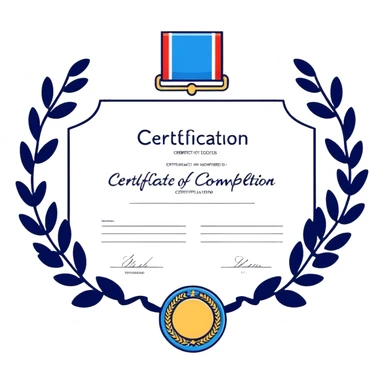 certificate of completion with a blue medal sticker, clean and celebratory design sticker