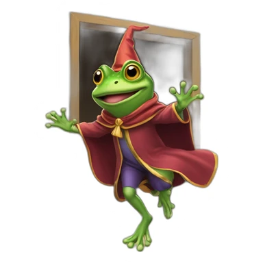 wizard frog running out door sticker
